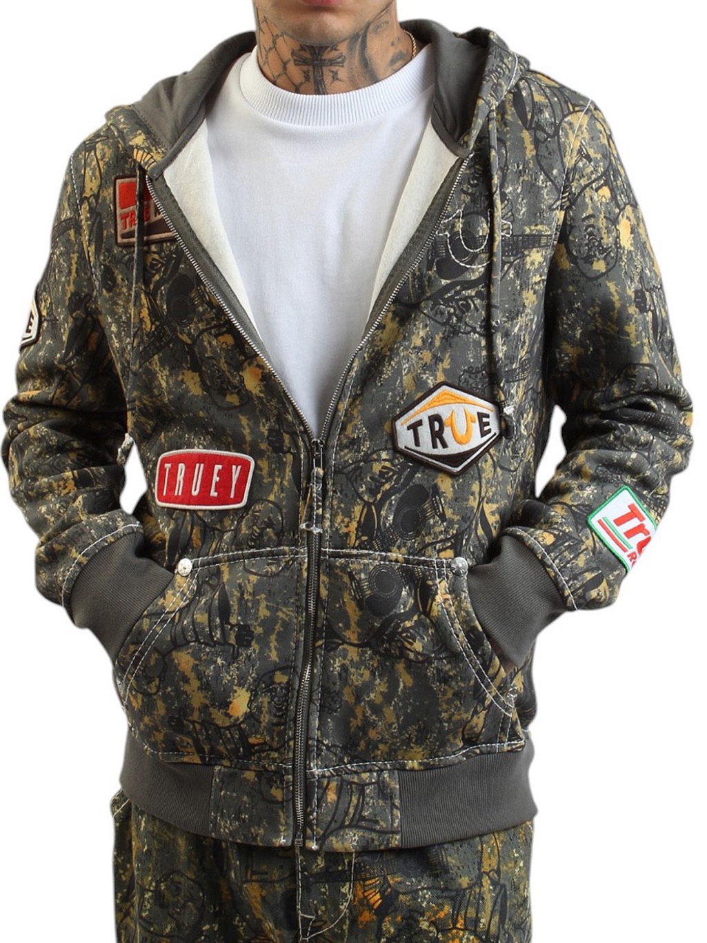 True Religion Olive Green & Yellow Patchwork Zip-Up Hoodie